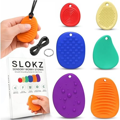 Fidget Keychain Worry Stones - 6 Pack Quiet Silicone Sensory Stones