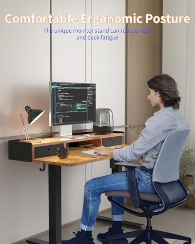 YIHAYO Electric Standing Desk with Drawers, 40 x 24 Inches Adjustable Desk with Storage Shelf, Stand Up Desk with Splice Board, Computer Table for Home Office, Black Frame/Rustic Brown Top