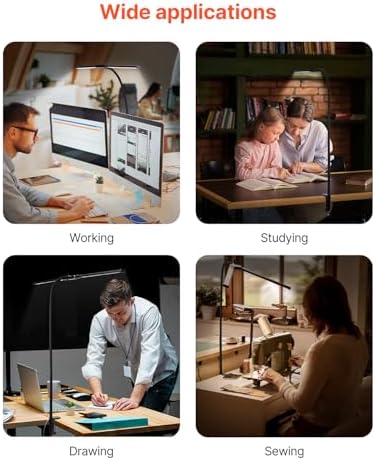 VEVOR LED Desk Lamp with Clamp, Double Head Architect Desk Lamp for Home Office, Eye-Caring Desk Light with 360° Adjustable Gooseneck, 50 Lighting Modes & Timer Function for Studying Working Drawing