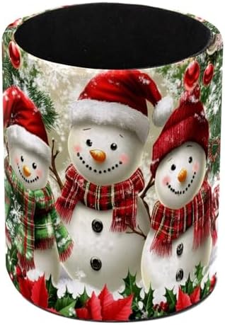 Pencil Holder for Desk, Christmas Snowman Tree Pen Cup Makeup Brush Holder, Leather Desktop Organizer Storage Case Stationery for School Home Office Supplies