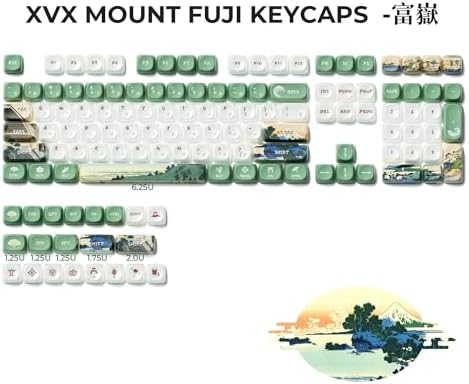OHY XVX MOA Profile Keycaps Set, Japanese Mount Fuji Theme, 129 - Key White & Green Custom Keycaps with PBT + Frosted Translucent PC Material for US Layout Mechanical Keyboards