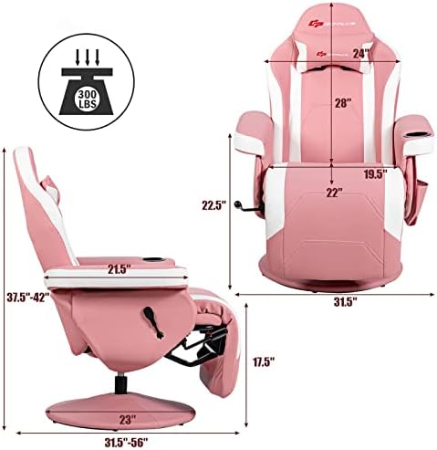 POWERSTONE Gaming Recliner, PU Massage Gaming Chair with Footrest, Cup Holder, Headrest and Side Pouch, Adjustable Single Sofa Living Room Chair(Pink)