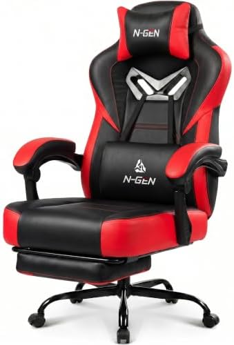 N-GEN GAMING Big & Tall Gaming Chair with Footrest and Lumbar, Red Black