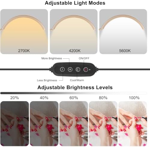 Professional Half Moon LED Desk Light for Nail Techs & Artists – Flexible Gooseneck Lamp with Clamp, 3 Color Modes & 5 Brightness Levels for Manicure, Tattoo, Beauty Work