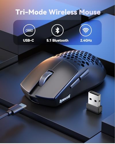 Redragon M725 Honeycomb Shell Gaming Mouse Wireless, Ultra Lightweight 49g, 8000 DPI Tri-Mode BT5.1/2.4GHz/Type-C Wired Gamer Mouse with 2 Side Buttons, Macro Programmable for PC/Mac/Laptop, Black