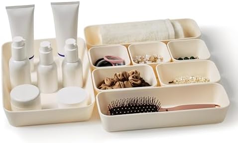 ISSEVE 8Pcs Silicone Drawer Organizer Trays for Bathroom, 4 Sizes, White