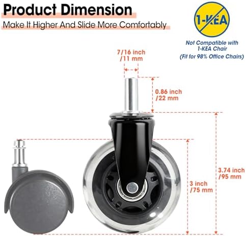 Office Chair Wheels, Premium Set of 10 Rubber Caster Wheels, Roller Blade Wheel Heavy Duty Casters, Replacement Wheels for Most Chair Wheel, Easy to Install (Not for IKEA)