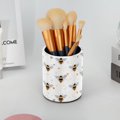 Leather Pen Holder for Desk, Bees Pencil Cup Pen Organizer Makeup Brush Holder for Office Home Kids Countertop Desk Accessory Storage