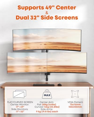 PUTORSEN Triple Monitor Wall Mount for Up to 49" Screens, Holds 44 lbs