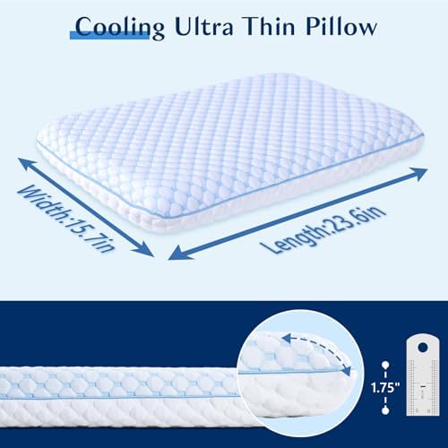 Flat Pillow for Stomach and Back Sleepers, Ultra Thin Pillow for Sleeping, Cooling Gel Slim Stomach Sleeping Pillows for Shoulder Neck Pain Relief, Low Profile Memory Foam Pillows 2.75-inches