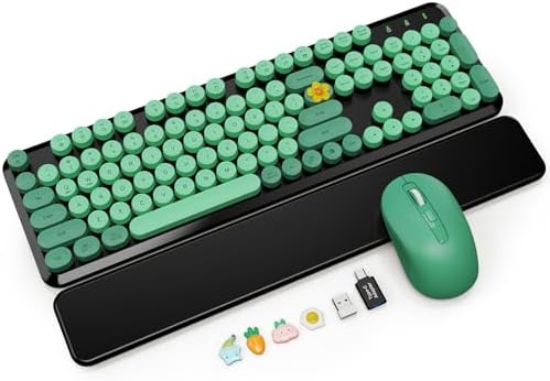 Wireless Keyboard Mouse, Magnetic Wrist Rest, Round Keycaps, Green & Black