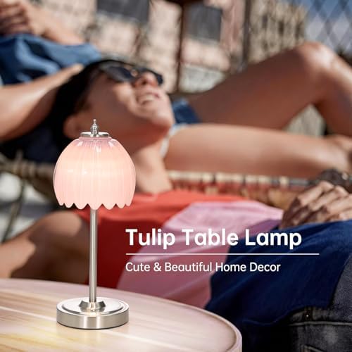 Shenmoyl Rechargeable Table Lamp with 5200mAh Battery & Touch Control - 3 Adjustable Color Temperatures, Cordless Dimmable Table Light for Bedroom, Office Desk, Nightstand (Creamy Pink,Silver Base)