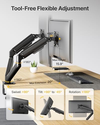 monTEK Dual Monitor Arm Stand, 17–32", Full Motion Adjustment,20 lbs Each