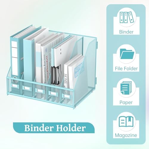 SUPEASY Desk Organizers Metal Desk Magazine File Holder with 5 Vertical Compartments Rack File Organizer for Office Desktop, Classroom, Home Workspace, Blue Plus