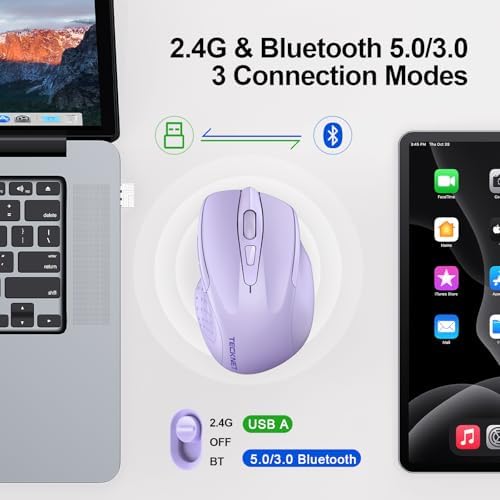 TECKNET Wireless Mouse, BT 5.0/2.4G, Rechargeable 6-DPI Silent, Lavender