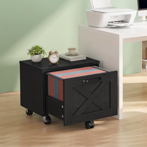 HOOBRO Farmhouse File Cabinet, Small Rolling File Cart Under Desk, 1-Drawer File Cabinet for Home Office, Printer Stand with Drawers, File Organizer Fits A4/Letter Size, Black, BK34WJ01