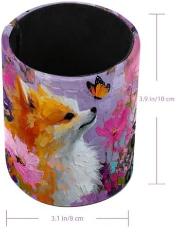 Leather Pen Holder for Desk, Dog Oil Painting Pencil Cup Pen Organizer Makeup Brush Holder for Office Home Kids Countertop Desk Accessory Storage