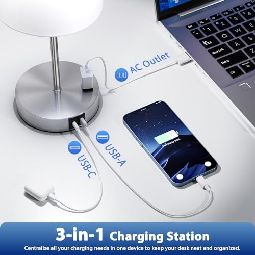 17.6" Silver Touch Lamps for Bedroom Set of 2, Dimmable, USB C+A, AC Outlet