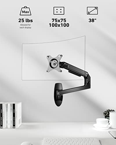 Ergounion Monitor Wall Mount for Flat or Curved Screens up to 38" Within 25 lbs, Full Motion Adjustable Monitor Arm Wall Mount with Cable Management, VESA 75x75/100x100mm, Black