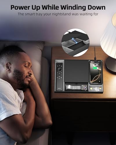 Leather Valet Tray with Wireless Charging Pad - Luxury EDC Nightstand Organizer for Men - Premium Desk Tray for Phone, Watch, Glasses & Keys - Sleek Office Desk Accessories & Gift for Him (Black)