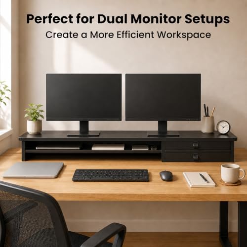 Dual Monitor Stand, 42.5 Inch Wood Monitor Riser with Drawers, 2 Tier Desktop Organizer for Computer Laptop TV, Large Screen Stand for Home Office Desk