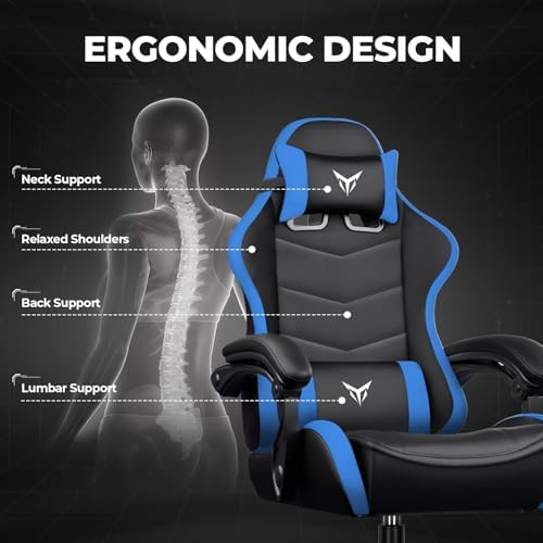 GTPLAYER Gaming Chair for Adults, Big and Tall 300LBS Heavy Duty Office Chair, Ergonomic High Back Lumbar Support and Wide Comfy Cushion with Linkage Armrests for Home Office, Blue
