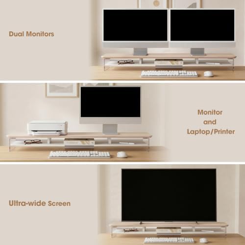 Fenge 42.5" Dual Monitor Stand with Clear Acrylic Legs, Oak