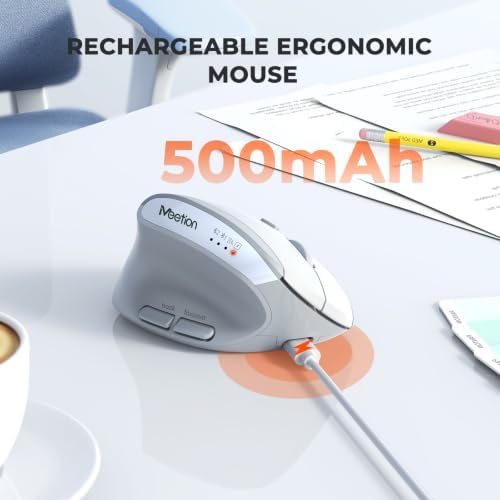 MEETION Left-Handed Ergonomic Vertical Mouse, Wireless, Rechargeable, Gray
