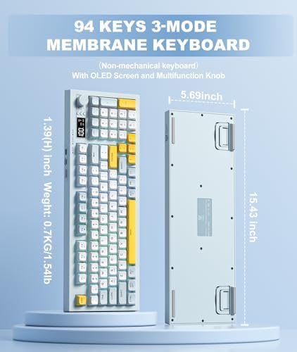 Tri-Mode Wireless Keyboard, BT/2.4G/Wired, Silent Membrane, RGB Backlit, Display Screen & Multimedia Knob, 94 Keys PBT Keycaps for PC Home Gaming Office Use
