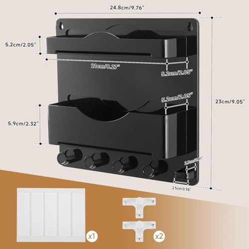 Bedside Wall Shelf with Glasses Hooks ，Adhesive Bedside Organizer Wall Mount for Dorm and Room Accessories Phone，Remote，Earphone， Kindle (Black)
