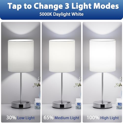 17.6" Silver Touch Lamps for Bedroom Set of 2, Dimmable, USB C+A, AC Outlet