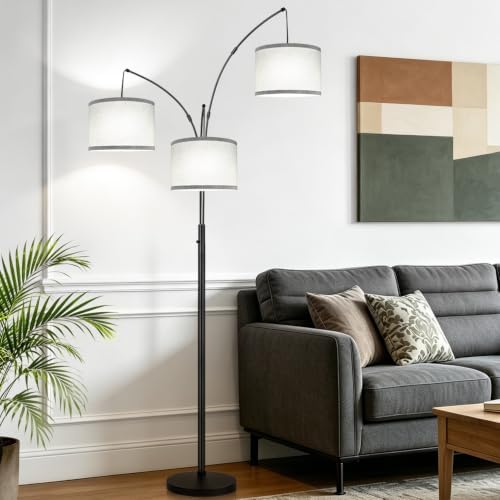 Dimmable Floor Lamp, 3 Lights Black Arc Floor Lamp, Modern Tall Standing Tree Lamp with Grey Linen Shades & Heavy Base, 3000LM LED Bulbs, Bright Lighting for Living Room, Bedroom, Office & Reading