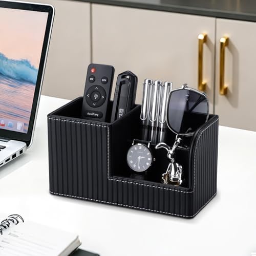 KINGFOM Desk Pen Organizer Office Supplies Caddy Pu Leather Multi-function Storage Box Pen/Pencil,Cell phone, Business Name Cards Remote Control Holder (Black)