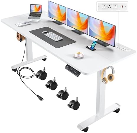 Electric Standing Desk with Wheels, 63'' x 24'' Standing Desk Adjustable Height with Charging Station, 2 USB Ports, 3 Power Outlets, 4 Caster, 27''-46'' Lifting Range Stand up Desk(White)