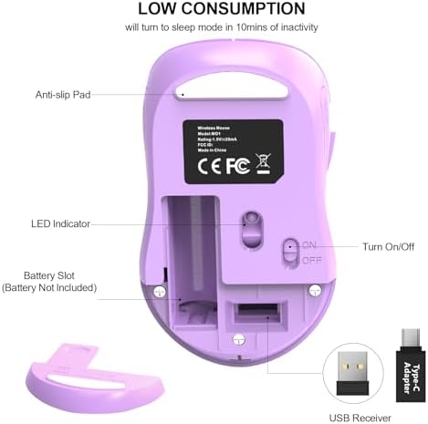 WisFox 2.4G Wireless Mouse for Laptop, Ergonomic Computer Mouse with USB Receiver and Type-C Adapter, 3 Adjustable Levels DPI, 6 Button Mice (Lilac)