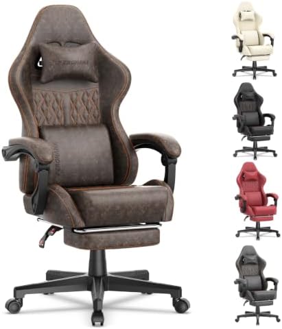 Ferghana Vintage PU Leather Gaming Chair, Ergonomic Reclining Racing Gamer Chair with Massage Lumbar Support, High Back Computer Office Chair with Footrest for Adults, Brown
