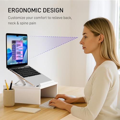 AFOOYO Adjustable Wood Laptop Stand with Storage Space - Notebook Organizer & Ergonomic Computer Riser, Wrist Rest Included, Compatible with 9.8-15'' Laptops (MacBook Air Pro/HP/Dell/Lenovo),White