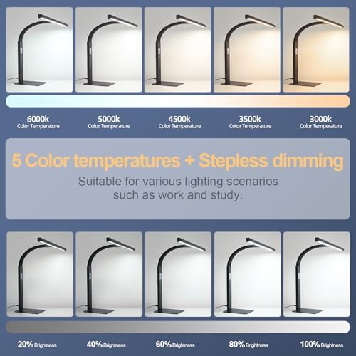 LED desk lamp for home office, architect computer work light,Touch color temperature stepless dimming and adjustable flexible gooseneck tube. desk lamp with clock , suitable for reading and studying.