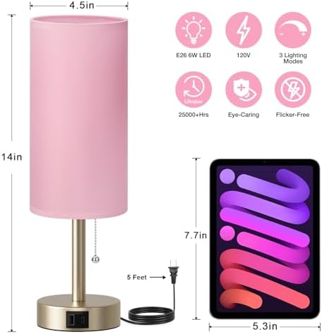 Pink Bedside Table Lamp for Bedroom - Small Nightstand Lamp for Girls