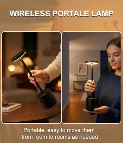 Swinerton Black Cordless Table Lamp, Rechargeable 5000mAh Battery Powered Wireless Table Light, 3 Color Dimmable Lighting, Patio Outdoor Table Lamp, Bedside Night Lamp, Ambient Light for Dining