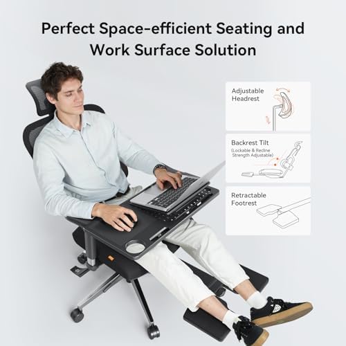 Newtral Office Chair Ergonomic - Home Office Desk Chair, Big and Tall Office Chair, Auto-Following Lumbar Support for Back Pain, Adjustable Seat Depth and Height (with Footrest + Laptop Tray, Black)