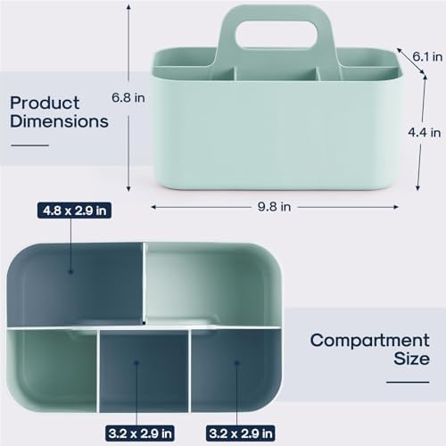 Multiuse Caddy Organizer with Handle, Portable Divided Plastic Tote Bin - Art Craft, Stationary Pen Marker Crayons, Makeup Hair Supplies Storage - Bathroom, Classroom, Dorm, Office, Desk Holder - Mint