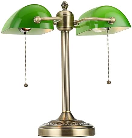 Green Double Head Glass Bankers Desk Lamp,Plug in