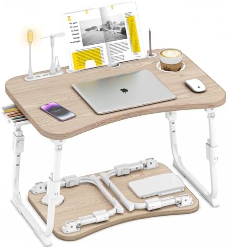 Lap Desk for Bed Adjustable Height, Foldable Bed Table with Storage Drawer, Tablet Slot & Cup Holder, Portable Laptop Stand for Bed & Sofa, Bed Desk for Adults & Kids, Glacier
