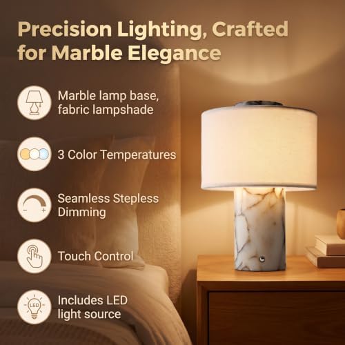 Ivory‑White with Veins Natural Marble Touch Table Lamp 3 Color Temperatures & Stepless Dimmable Bedside Lamp，Nightstand Desk Lamp for Bedroom Living Room Office Decor Gift，H 9.84Inch