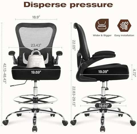 400LBS Drafting Chair, Tall Office Chair with Adjustable Lumbar Support&Footrest Ring, Comfy Extra Deep W-Shape Thicken Cushion, Breathable Mesh Standing High Desk Chair with Padded Flip-up Armrests