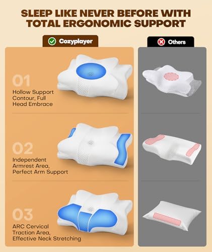 Cozyplayer True Cooling Cervical Neck Pillow for Pain Relief, Ergonomic Side Sleeper Pillow for Neck Support, Odorless Orthopedic Contour Memory Foam Pillows, Bed Pillow for Back Stomach Sleeper