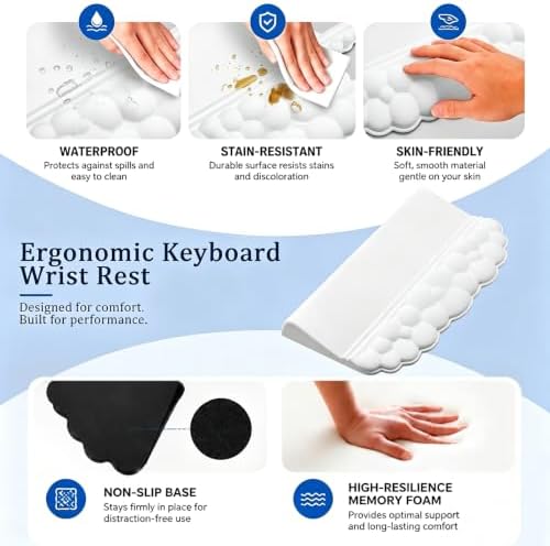 Cloud Keyboard Wrist Rest with Sloped Keyboard Pad, Ergonomic 3-in-1 Mouse Pad with Wrist Support and Coaster, Non-Slip Memory Foam Desk Mat Set for Mechanical Keyboard, Office & Gaming,White