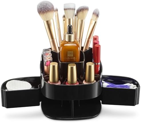 Masirs Small 360 Rotating Makeup Organizer, 5 Compartments, Square Black