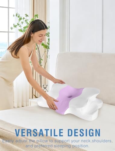 DISSA Cervical Neck Pillow for Side Sleepers Ergonomic Contour Memory Foam Pillow with Adjustable Orthopedic Neck Support for Pain Relief - Gift for Christmas & Birthdays - Purple